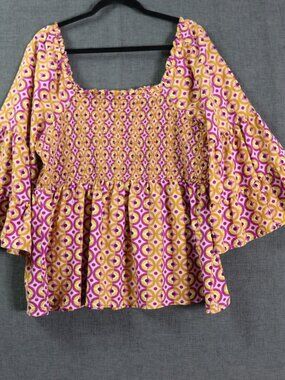Terra & Sky 1X Smocked Top Boho Arsty Bohemian Bell Sleeves Blouse